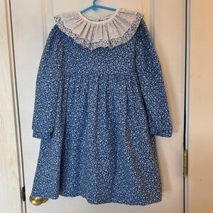 True Vintage 80s Cottage-core Blue Floral Long Sleeve Dress Lace Collar Girls 6